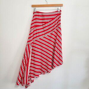 NWT Asymmetric Hem Striped printed flowy red white black Midi Skirt women Size M